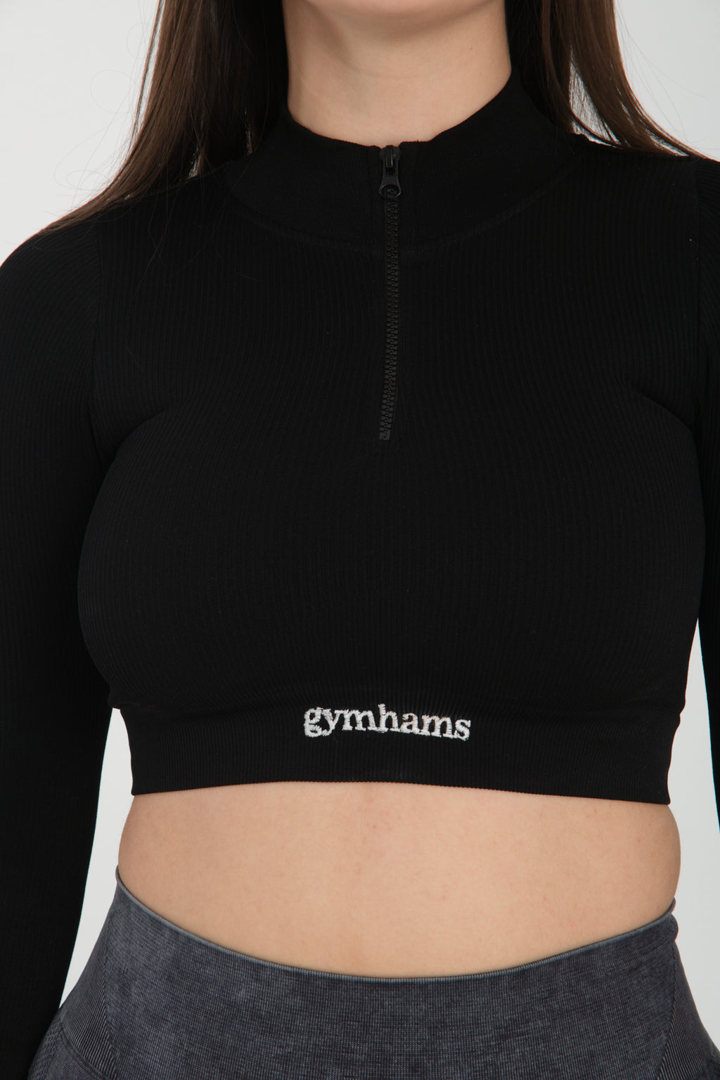 Fermuarlı Siyah Uzun Kollu Parmak Geçirmeli Seamless Spor Fitness Yoga Kadın Crop Top-Sporcu Üst