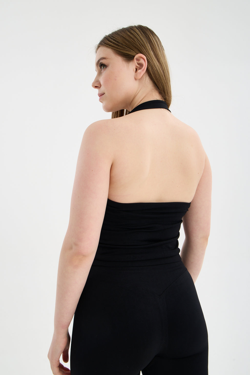 Siyah CloudSoft Arkası V Kesim Dikişsiz Spor Tayt - Belirgin Olmayan Hafif Büzgülü Fitness Taytı