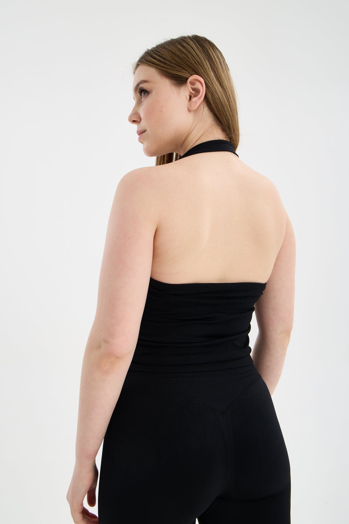 Siyah CloudSoft Arkası V Kesim Dikişsiz Spor Tayt - Belirgin Olmayan Hafif Büzgülü Fitness Taytı