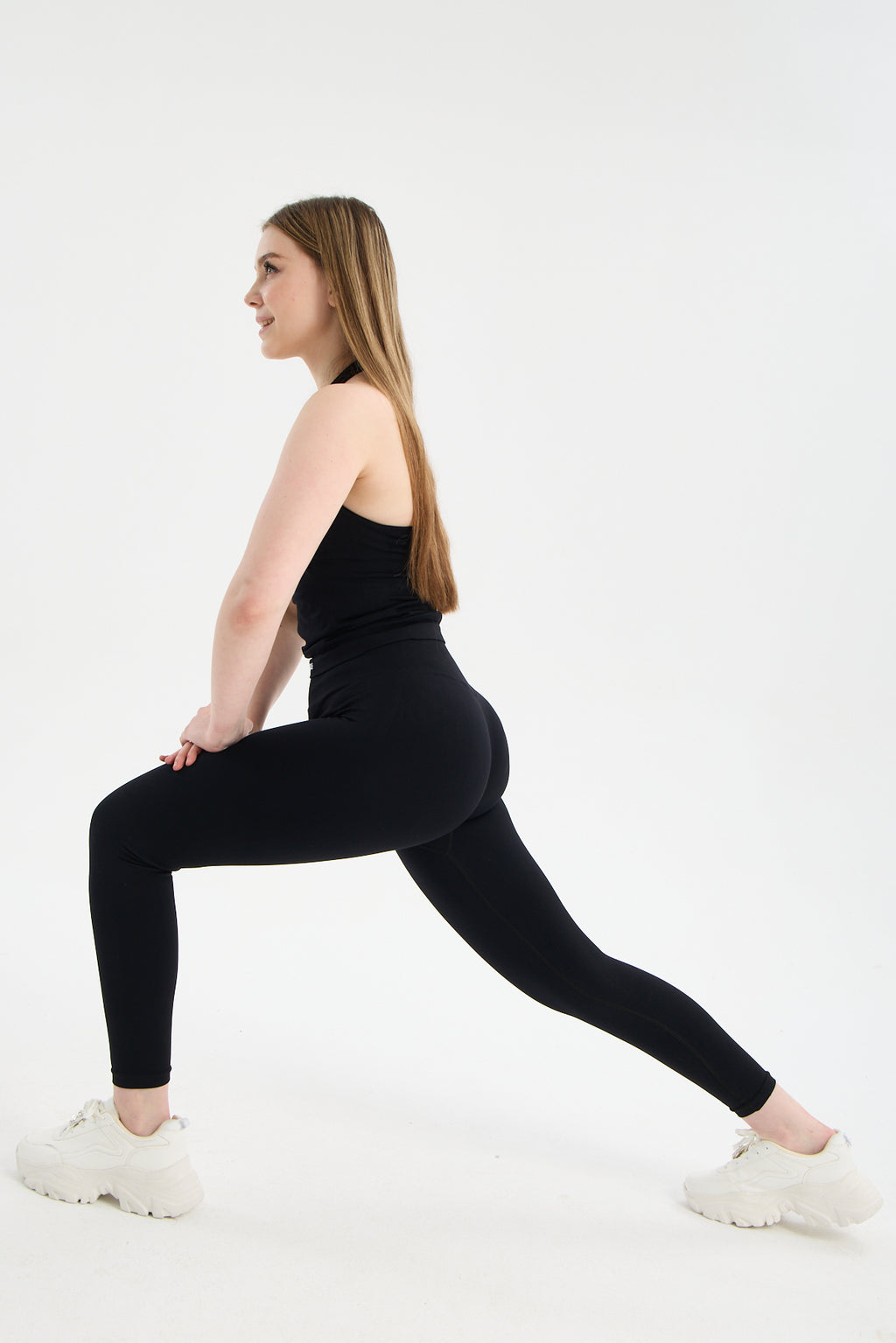 Siyah CloudSoft Arkası V Kesim Dikişsiz Spor Tayt - Belirgin Olmayan Hafif Büzgülü Fitness Taytı
