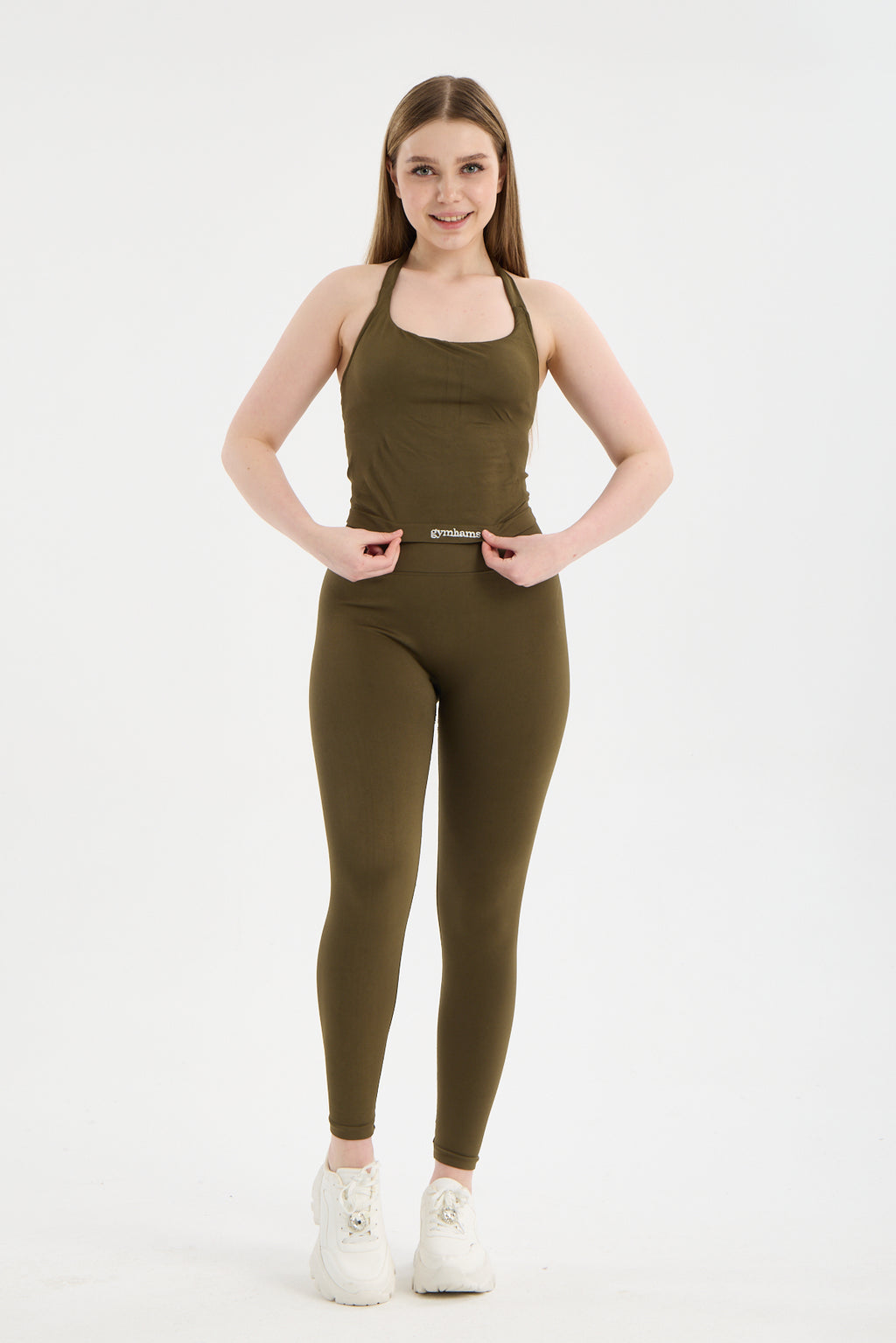 Haki CloudSoft Arkası V Kesim Dikişsiz Spor Tayt - Belirgin Olmayan Hafif Büzgülü Fitness Taytı