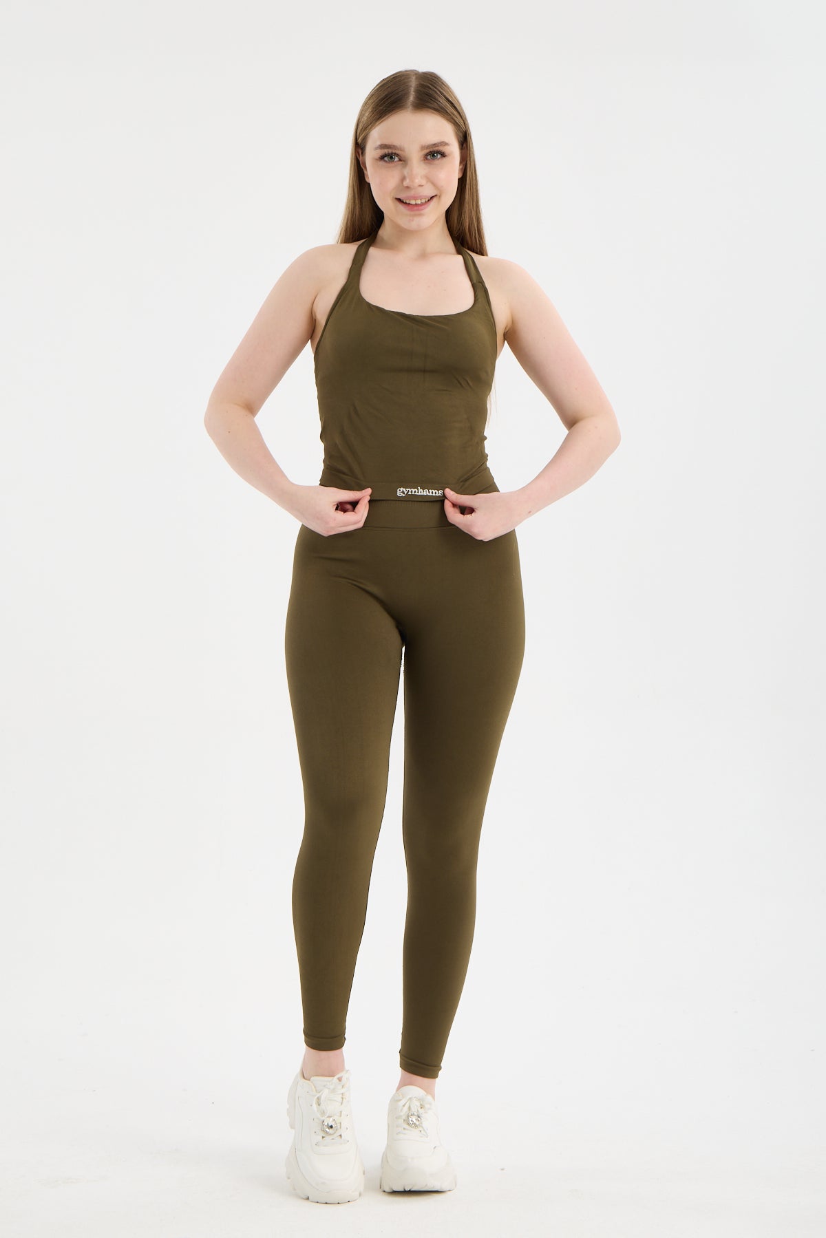 Haki CloudSoft Arkası V Kesim Dikişsiz Spor Tayt - Belirgin Olmayan Hafif Büzgülü Fitness Taytı