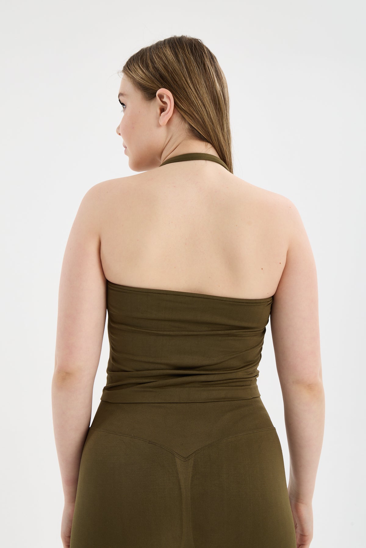 Cloud Haki Halter Yaka Sırt Detaylı Seamless Crop Atlet - Yoga ve Pilates Antrenman Üstü