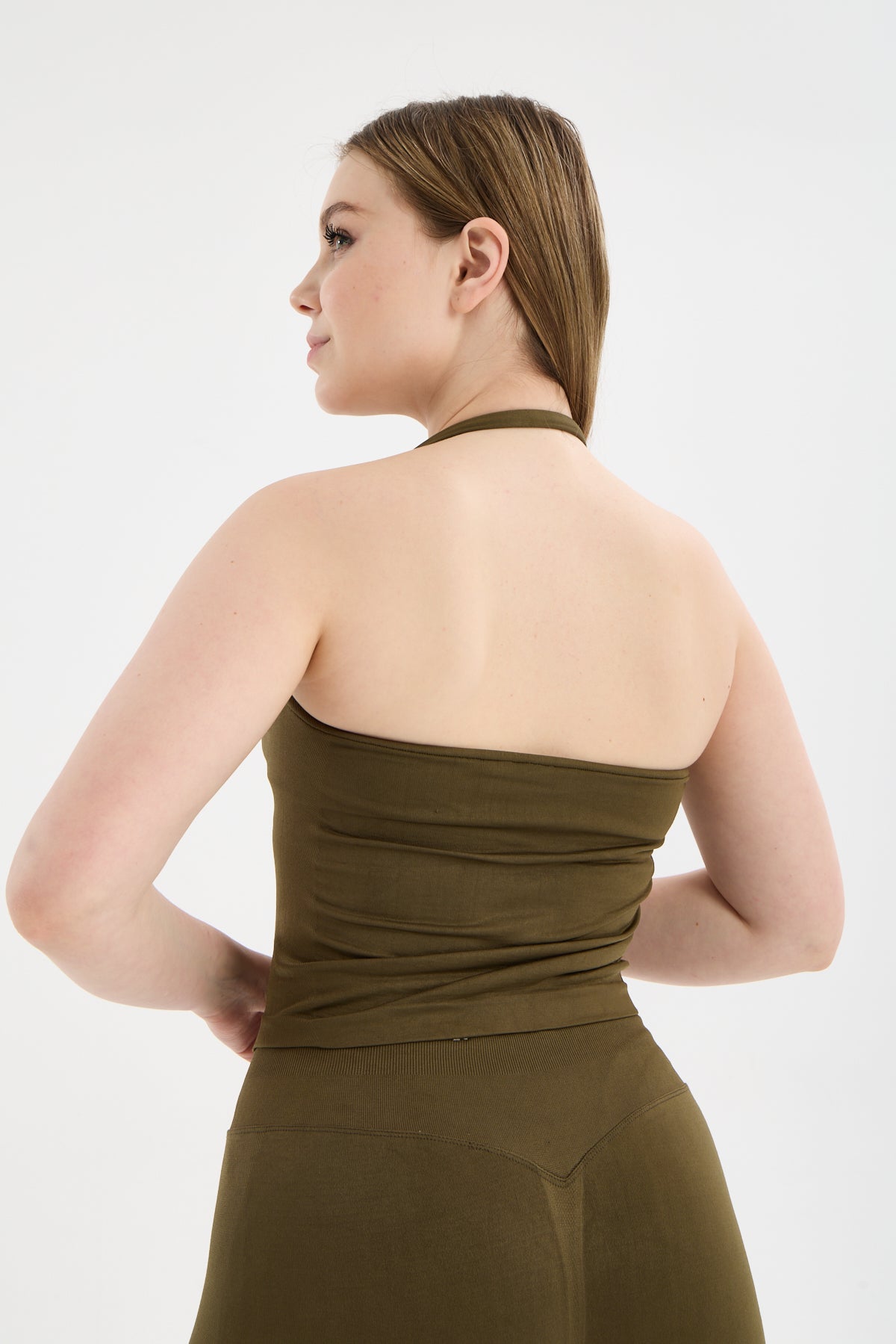 Haki CloudSoft Arkası V Kesim Dikişsiz Spor Tayt - Belirgin Olmayan Hafif Büzgülü Fitness Taytı