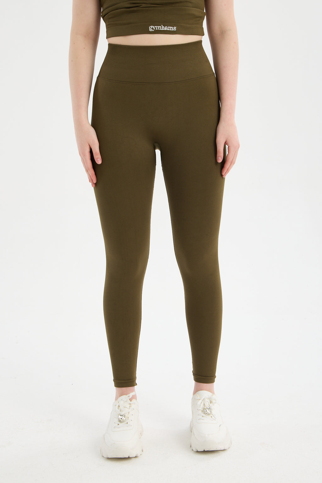 Haki CloudSoft Arkası V Kesim Dikişsiz Spor Tayt - Belirgin Olmayan Hafif Büzgülü Fitness Taytı