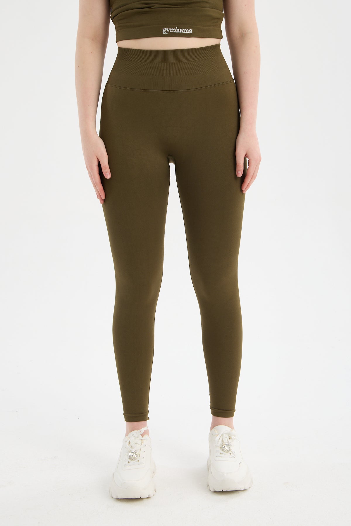 Haki CloudSoft Arkası V Kesim Dikişsiz Spor Tayt - Belirgin Olmayan Hafif Büzgülü Fitness Taytı