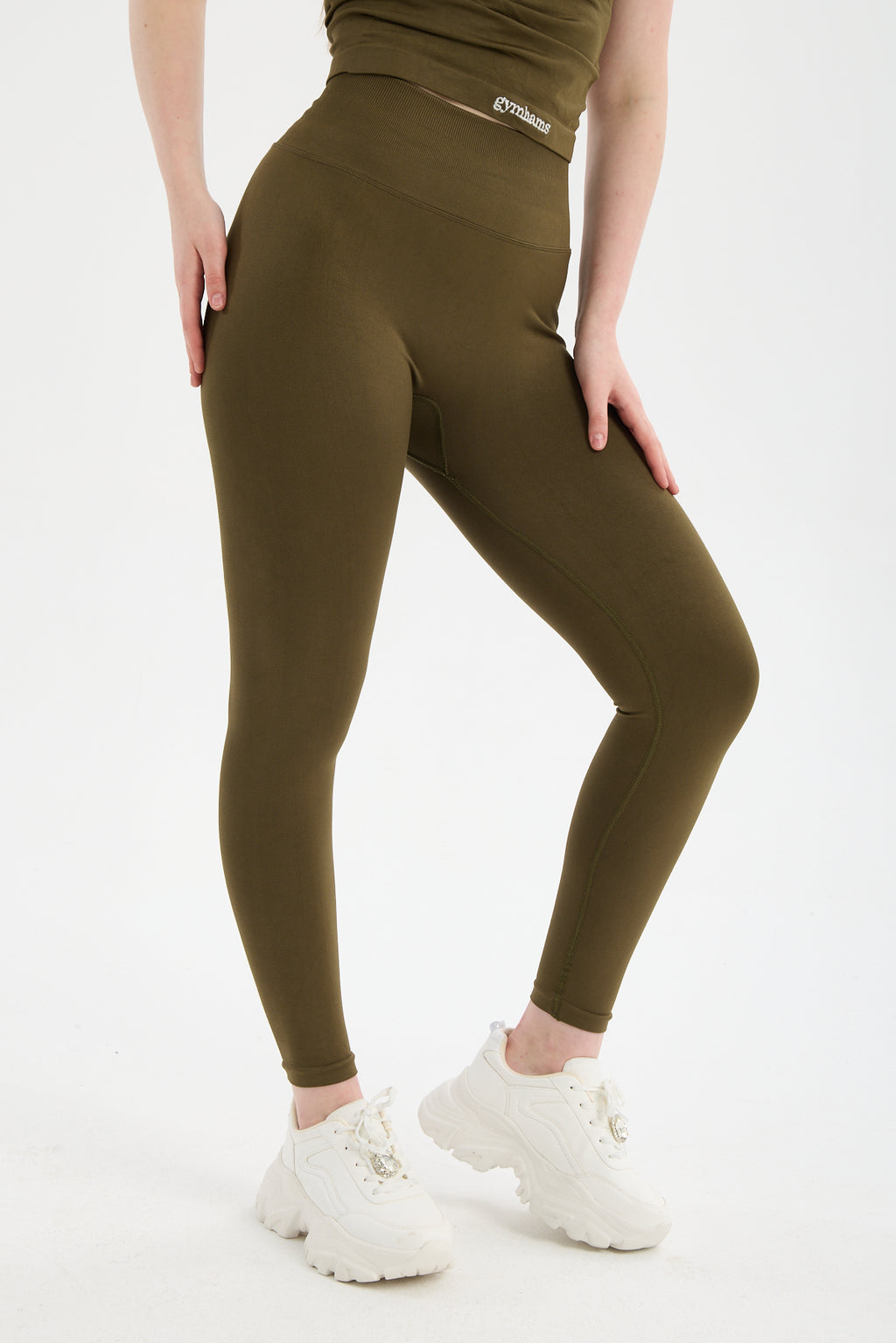 Haki CloudSoft Arkası V Kesim Dikişsiz Spor Tayt - Belirgin Olmayan Hafif Büzgülü Fitness Taytı