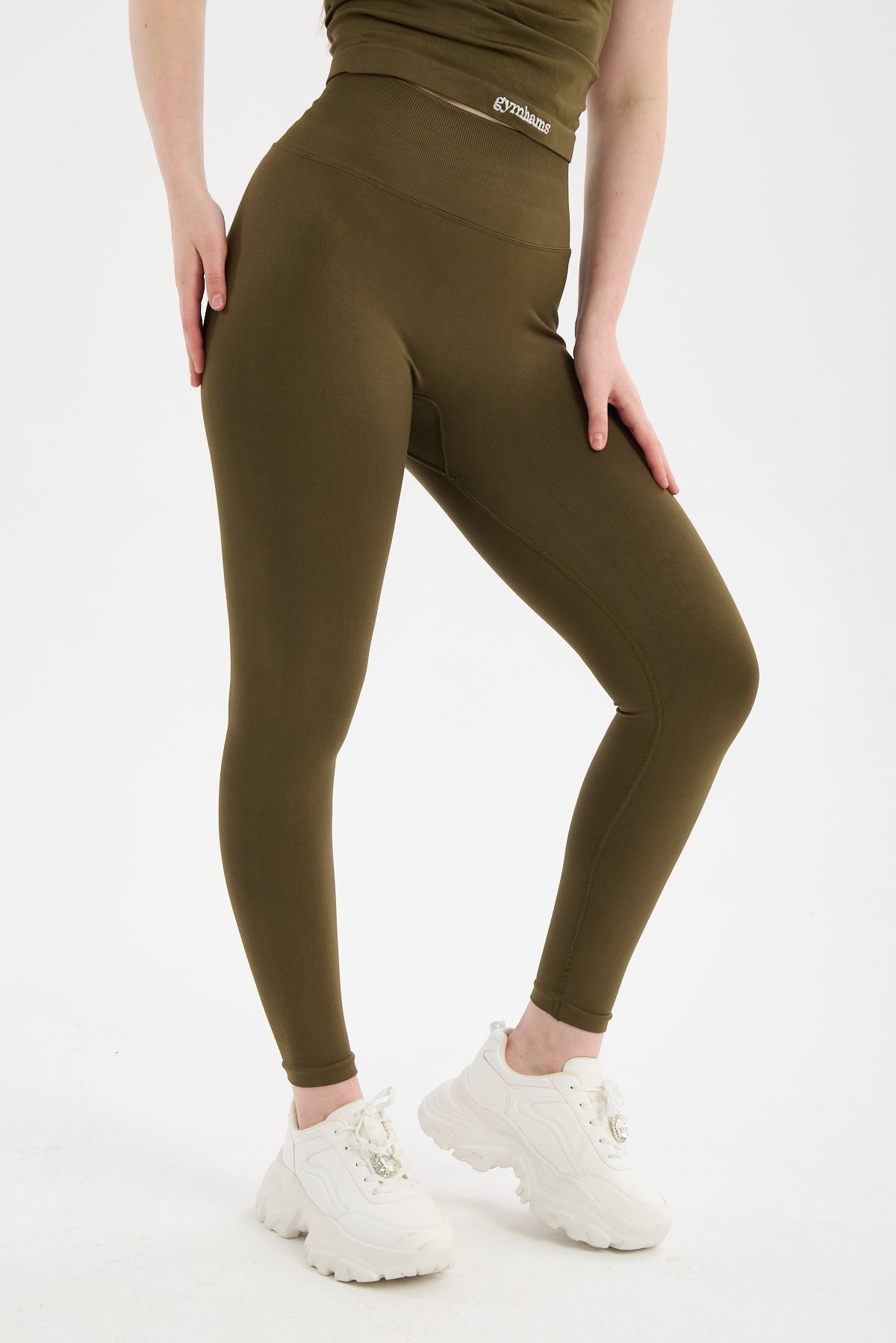 Haki CloudSoft Arkası V Kesim Dikişsiz Spor Tayt - Belirgin Olmayan Hafif Büzgülü Fitness Taytı