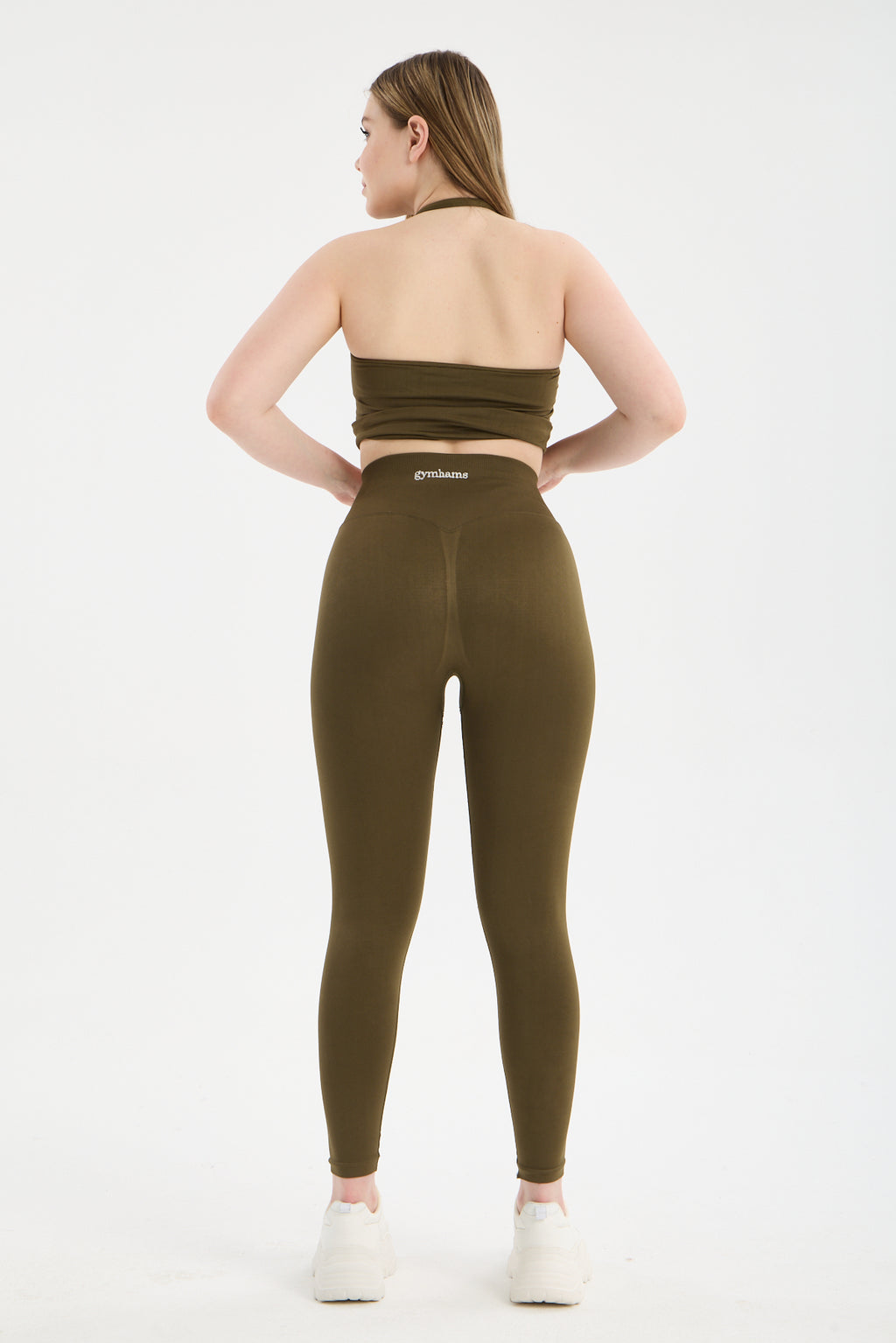 Haki CloudSoft Arkası V Kesim Dikişsiz Spor Tayt - Belirgin Olmayan Hafif Büzgülü Fitness Taytı