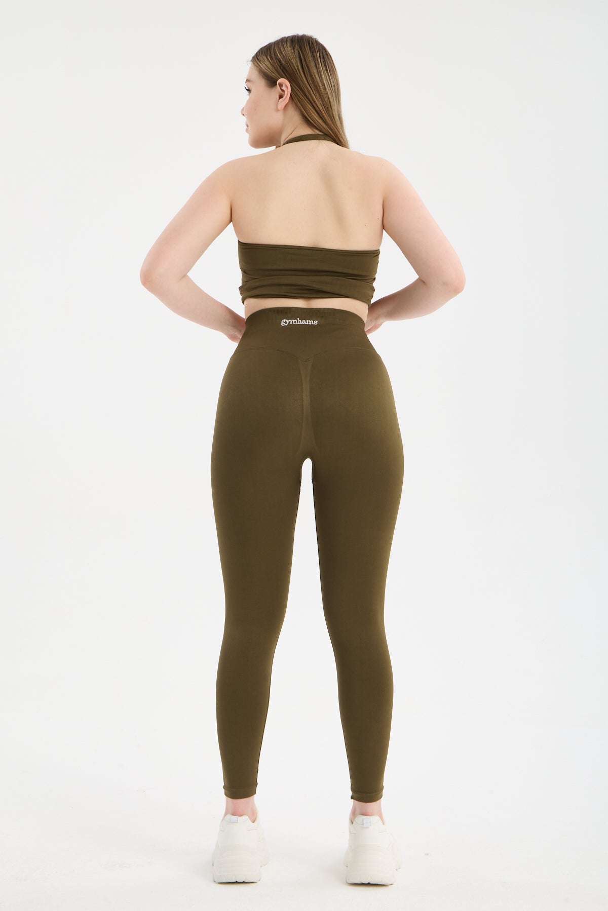 Haki CloudSoft Arkası V Kesim Dikişsiz Spor Tayt - Belirgin Olmayan Hafif Büzgülü Fitness Taytı