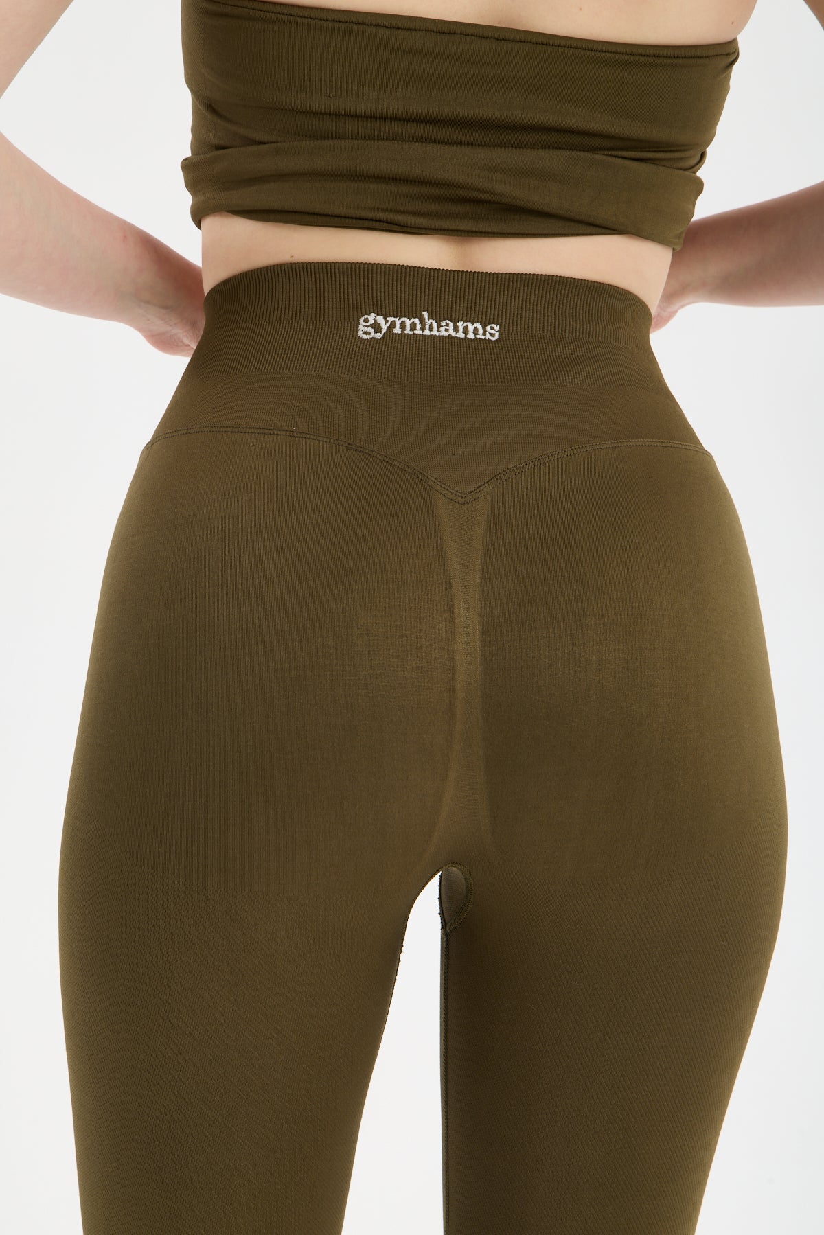 Haki CloudSoft Arkası V Kesim Dikişsiz Spor Tayt - Belirgin Olmayan Hafif Büzgülü Fitness Taytı