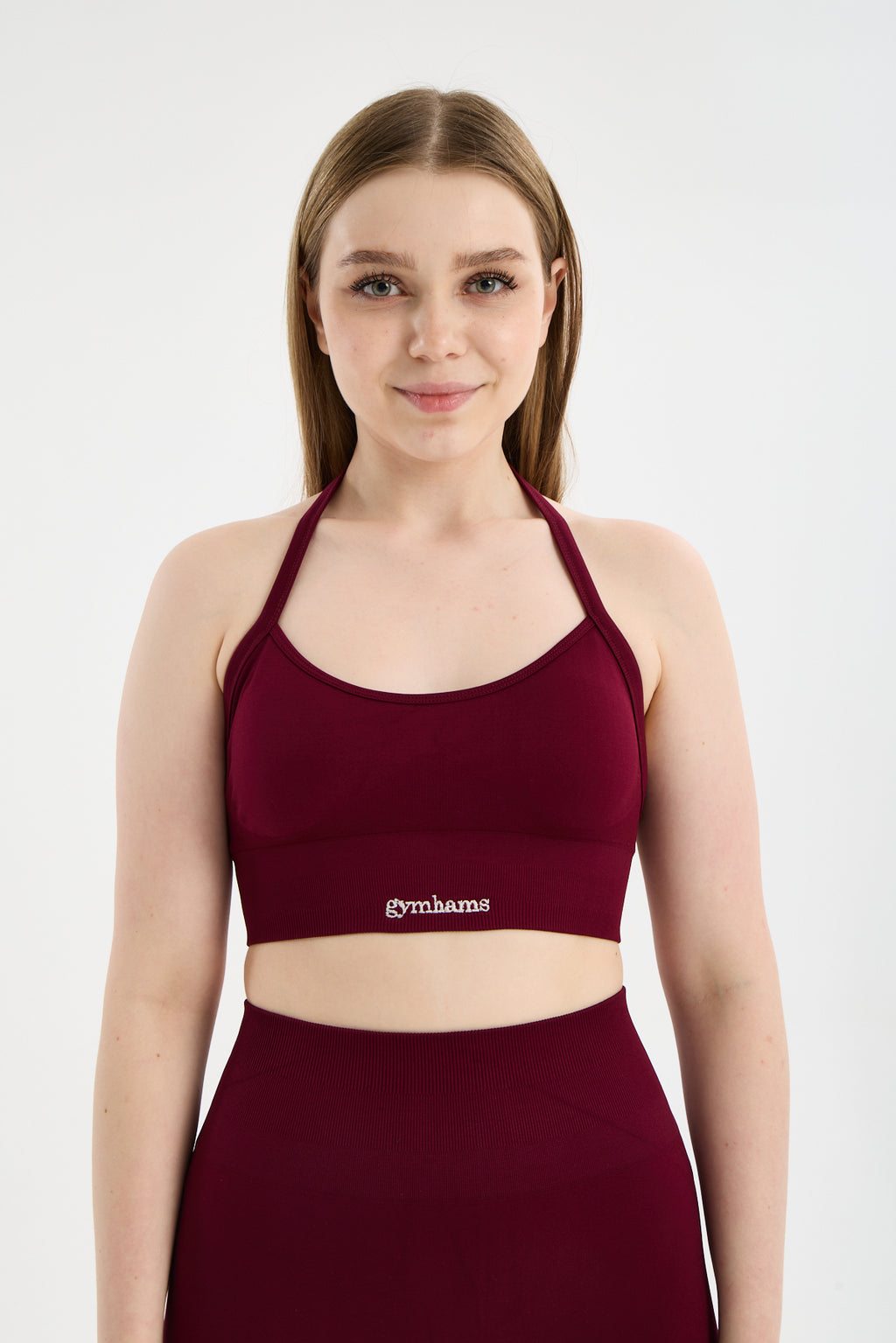 Bordo Drop Halter Yaka Seamless Spor Sütyeni - Esnek Soft Yoga/Pilates/Fitness Üstü