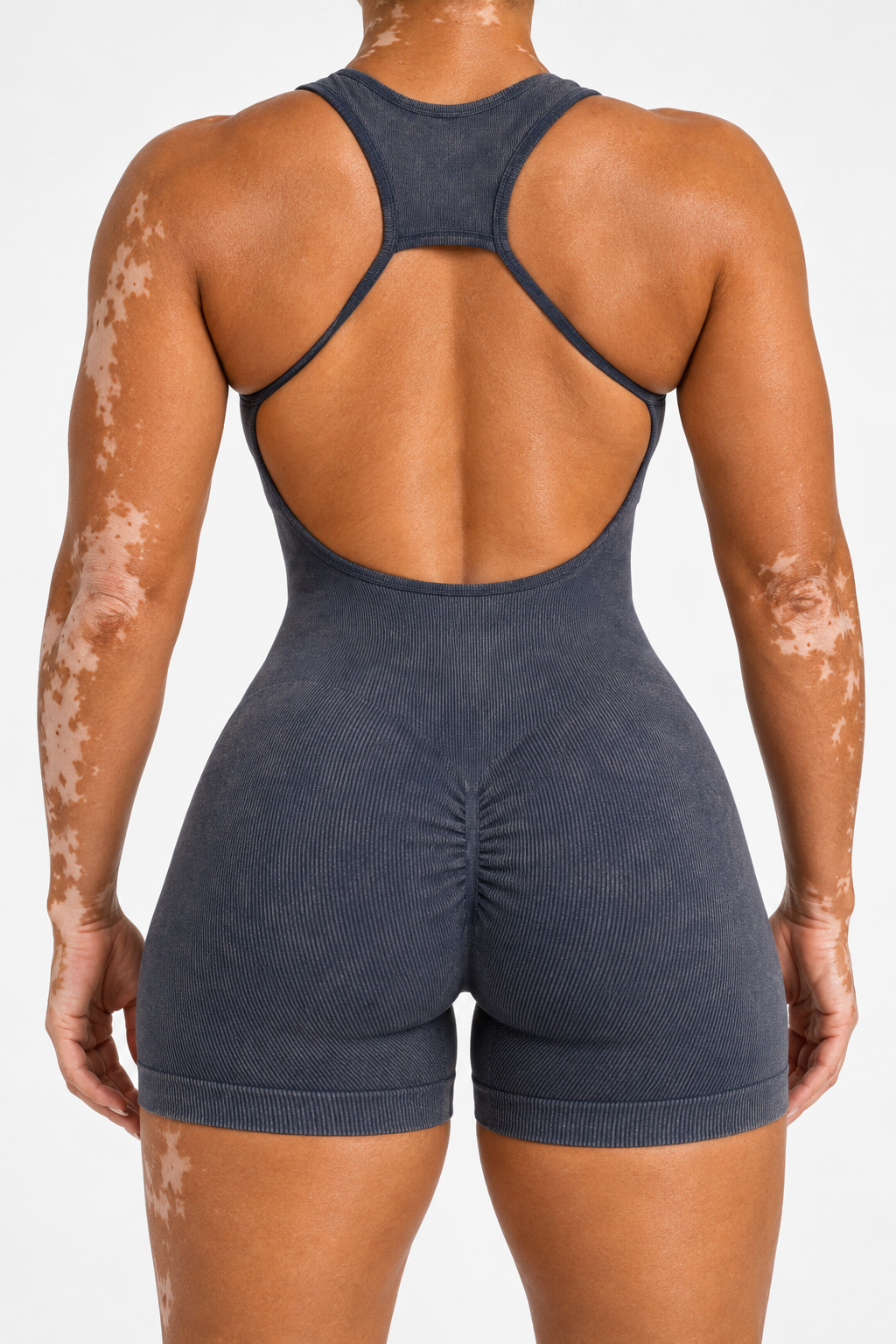 Mavi Sırt Dekolteli Spor Tulum/Jumpsuit - Büzgülü & Şortlu