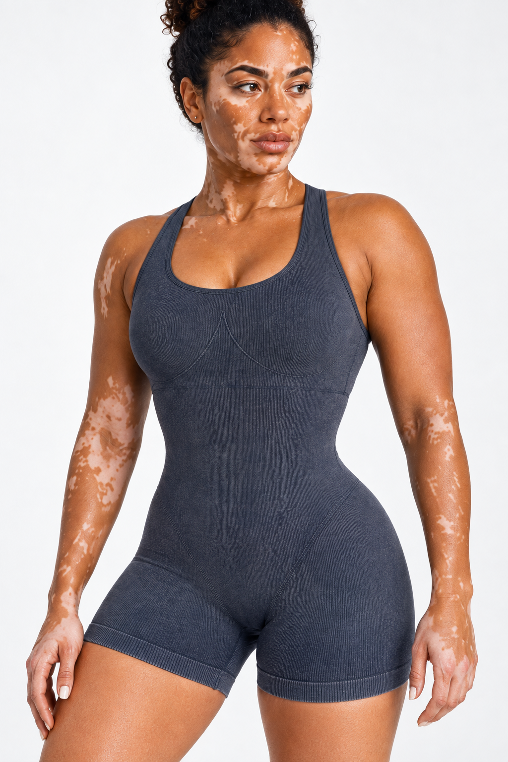 Mavi Sırt Dekolteli Spor Tulum/Jumpsuit - Büzgülü & Şortlu