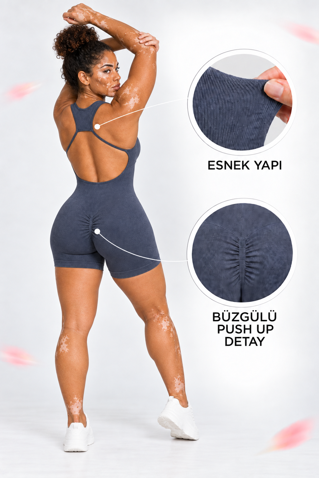 Mavi Sırt Dekolteli Spor Tulum/Jumpsuit - Büzgülü & Şortlu